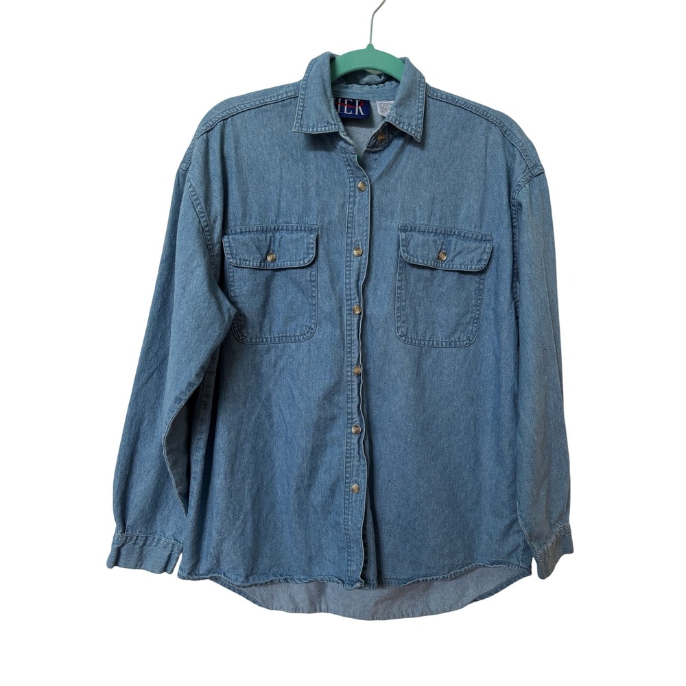 Vintage HER Womens M Wash Denim Button Up Shirt Cotton Long Sleeve Western